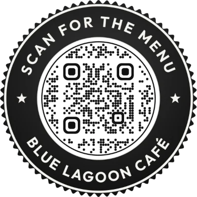 A dark seal badge with “Scan for the menu” curved above the code and “Blue Lagoon Café” below