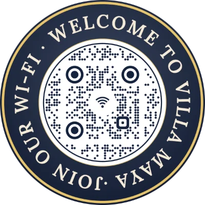 A navy round badge with a Wi-Fi icon in the code and the welcome text running all the way round
