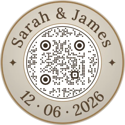 A champagne round badge with “Sarah & James” above the code and the wedding date below