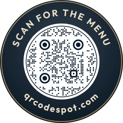 A midnight-blue circle with a thin outline, “Scan for the menu” above and the web address below