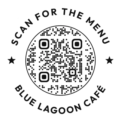 A white scalloped seal with “Scan for the menu” curved above the code, “Blue Lagoon Café” below and a star on each side